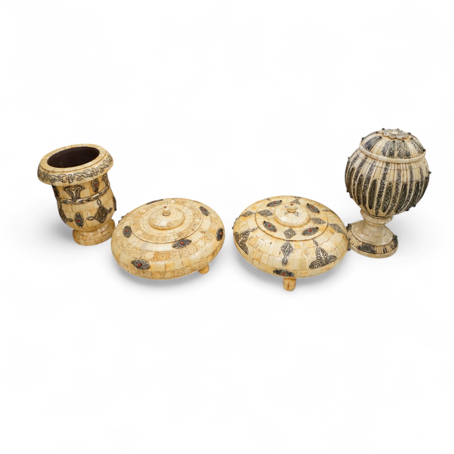 Four Indian camel bone veneered vases and boxes, tallest 30cm high